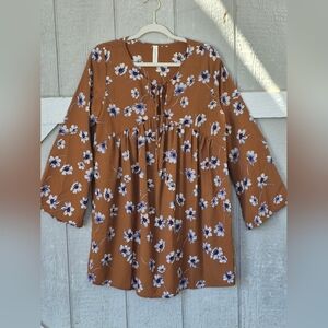 PEPPERMINT Women's Brown Floral Knee Length Tunic Dress MADE IN USA Size L